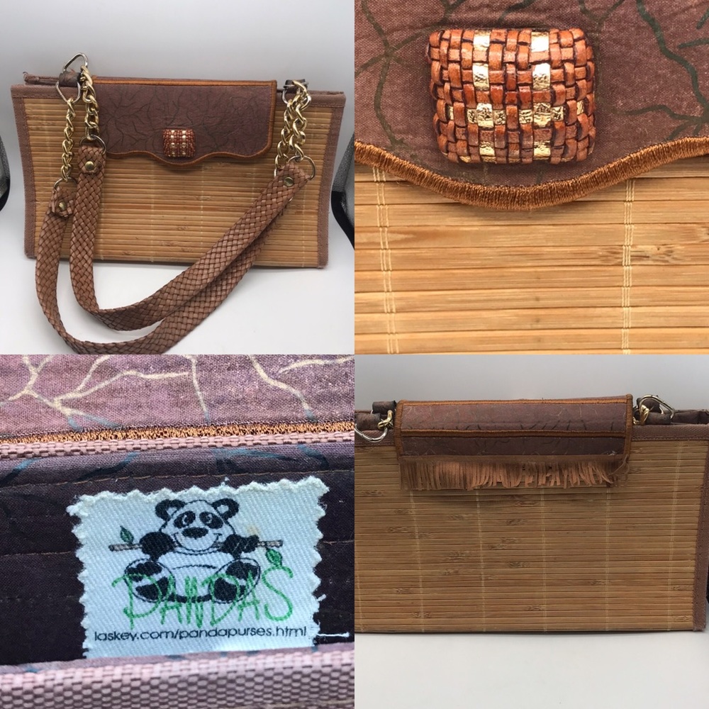 Panda bamboo handbag w fringe w snap closure brown